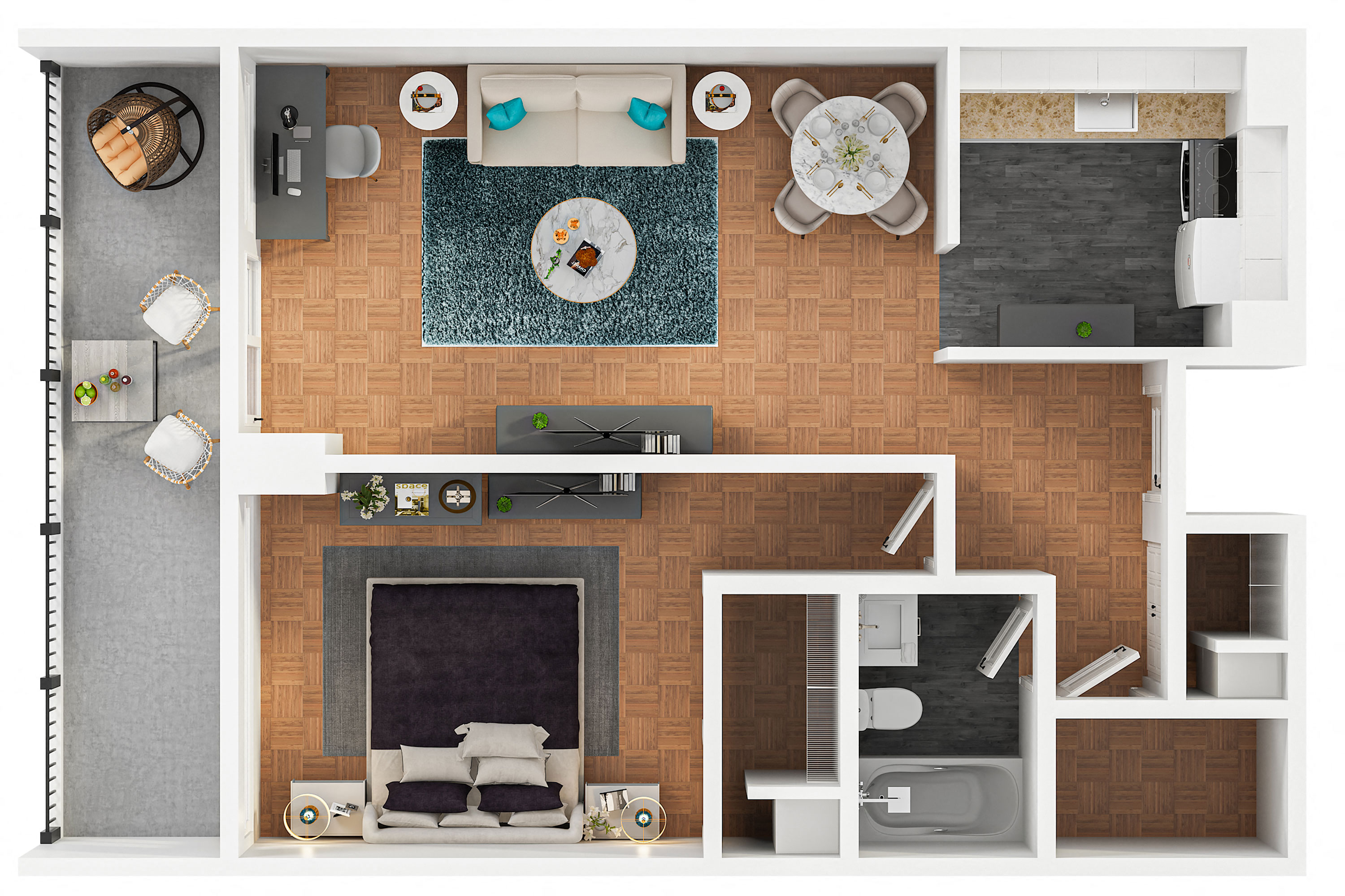 Floor plan for 1 bed, 1 bath, 700 sqft